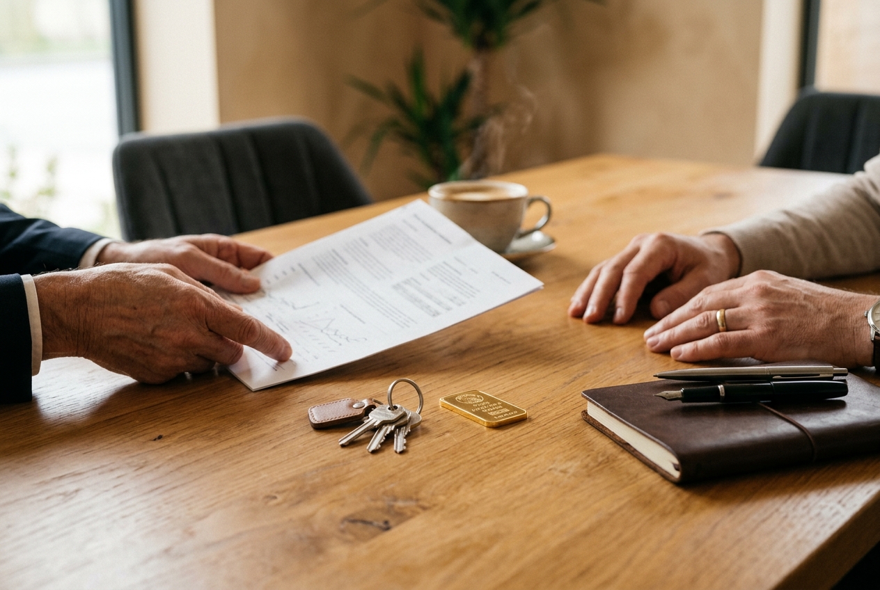 Persönliche Beratung am Tisch zu Immobilien und Edelmetallen – Vertrauen und Erreichbarkeit